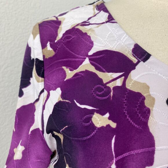 JM purple Floral Stretch Top Med Ruched Sides Cottagecore Boho Whimsy Fairy - Picture 3 of 10